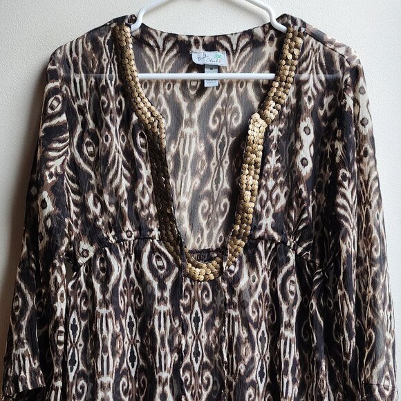 Bali Club Brown/Cream Native Tropical Print Tunic Size Medium - Picture 5 of 14